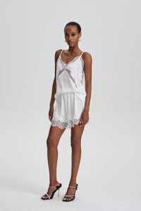 Satin Cami Pajama Short Set with Lace Cutout Details