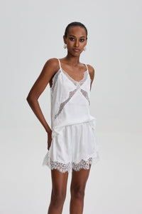 Satin Cami Pajama Short Set with Lace Cutout Details