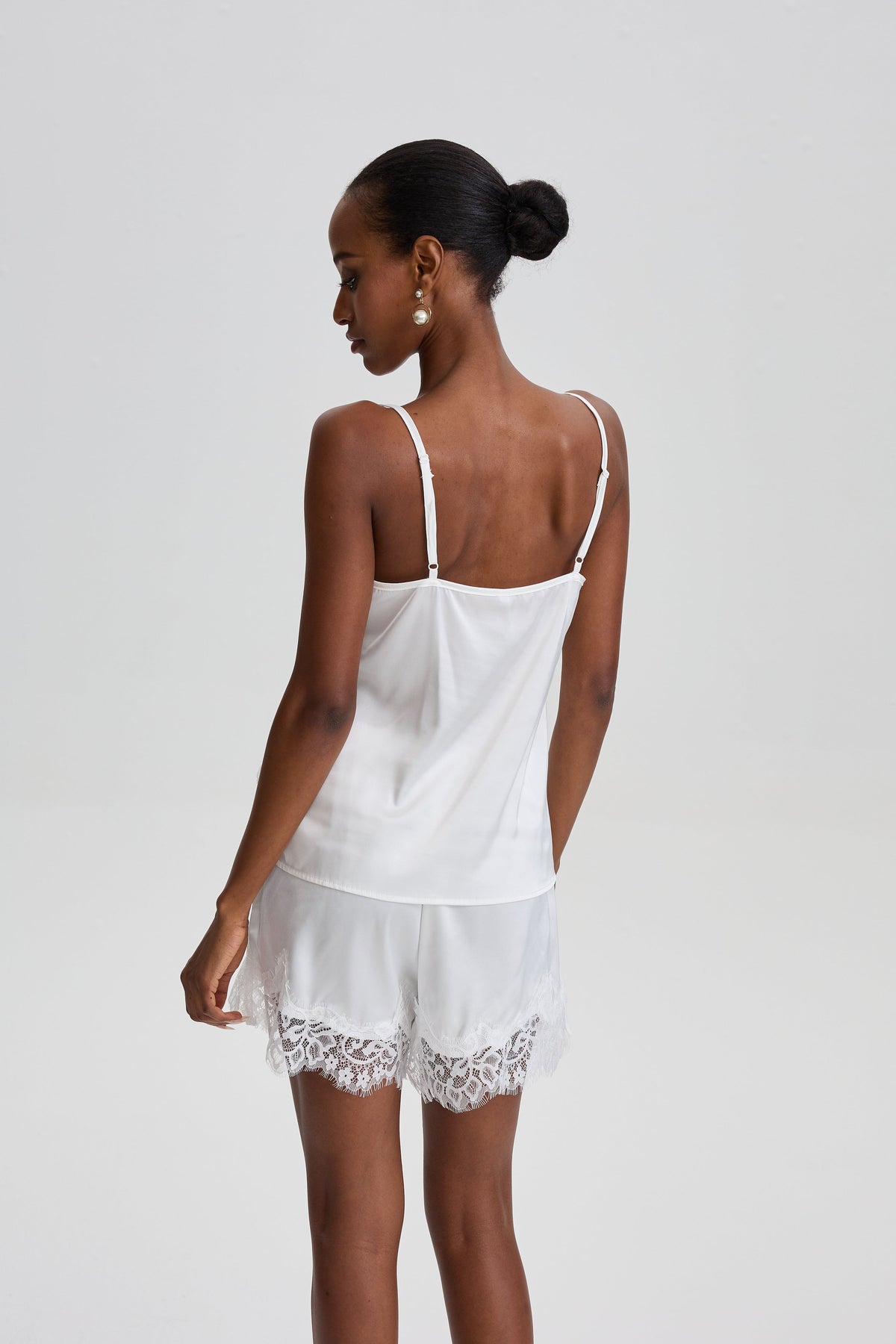 Satin Cami Pajama Short Set with Lace Cutout Details