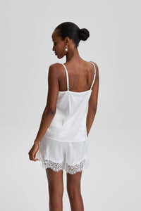 Satin Cami Pajama Short Set with Lace Cutout Details