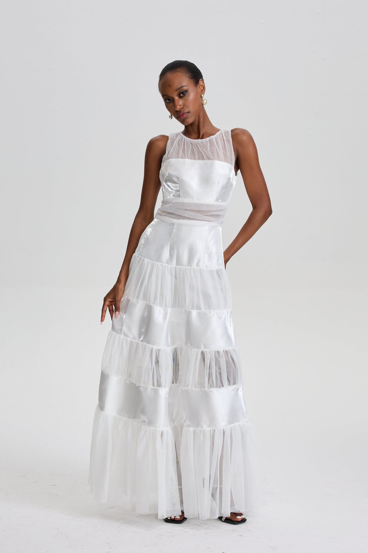 Patricie Sleeveless Mesh Panel Tiered Maxi Dress