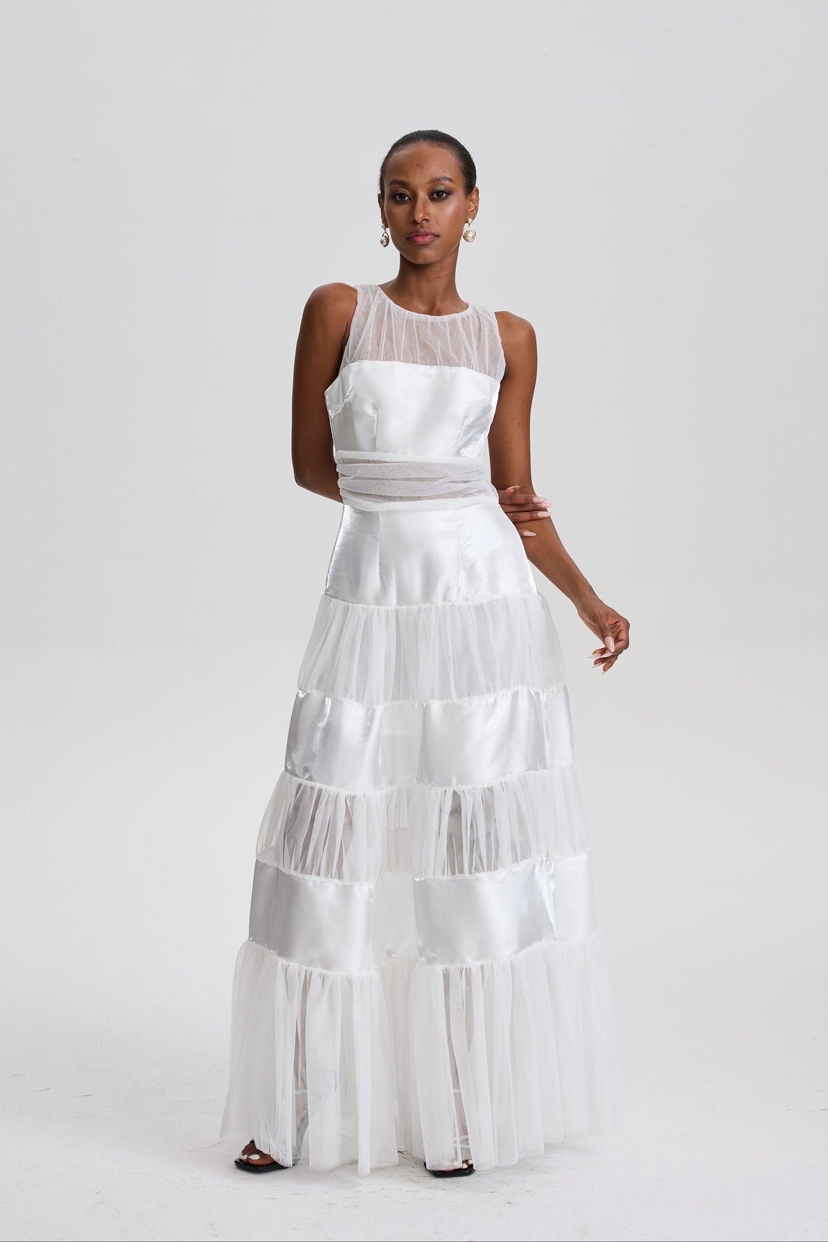 Patricie Sleeveless Mesh Panel Tiered Maxi Dress