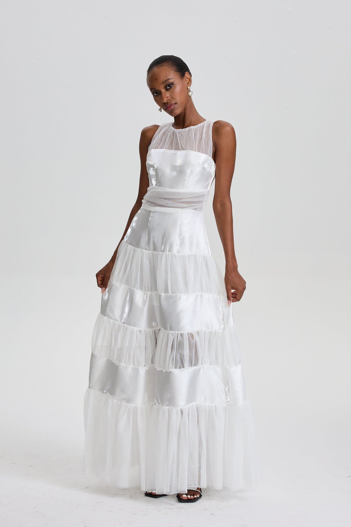 Patricie Sleeveless Mesh Panel Tiered Maxi Dress