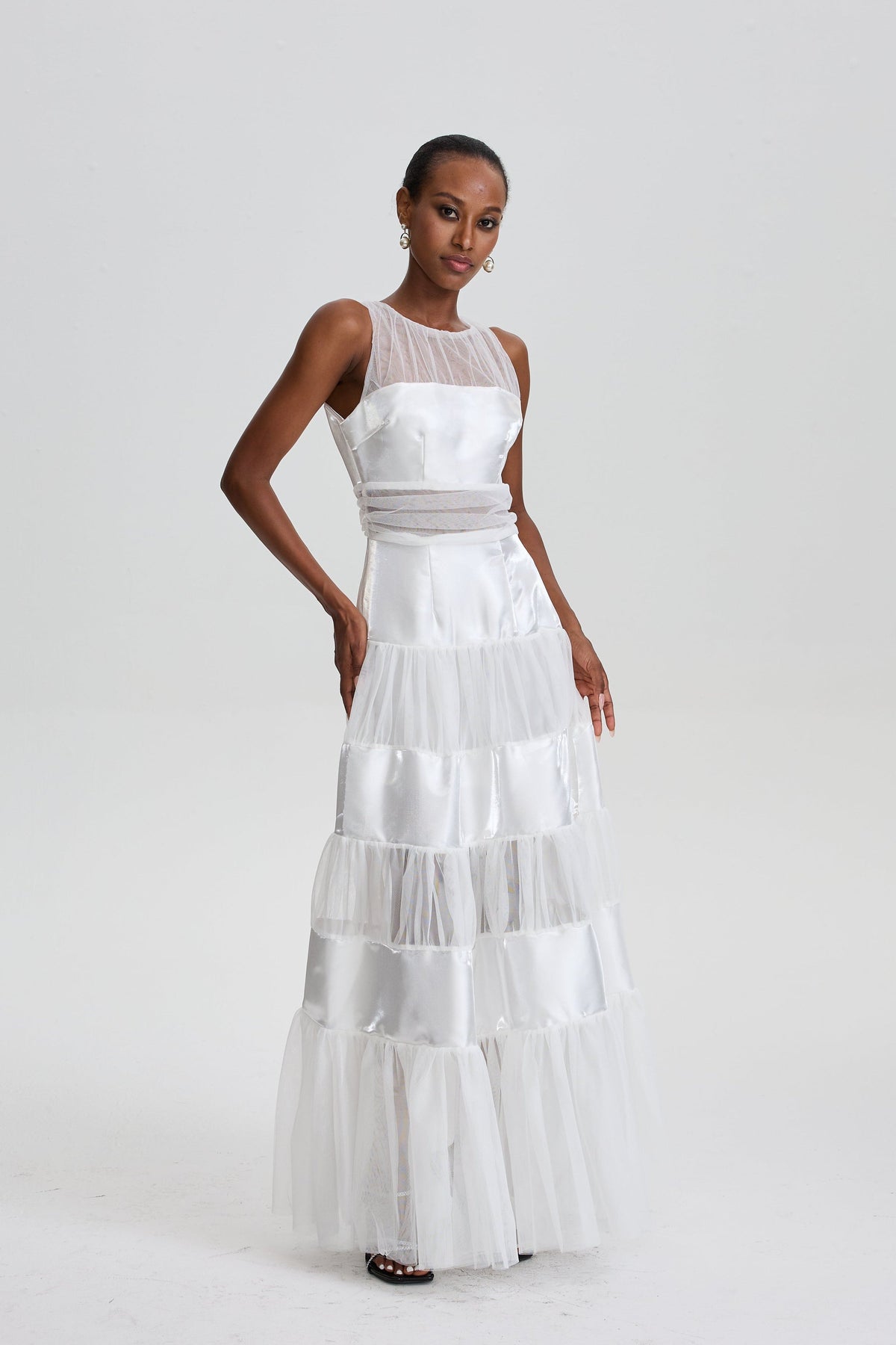 Patricie Sleeveless Mesh Panel Tiered Maxi Dress
