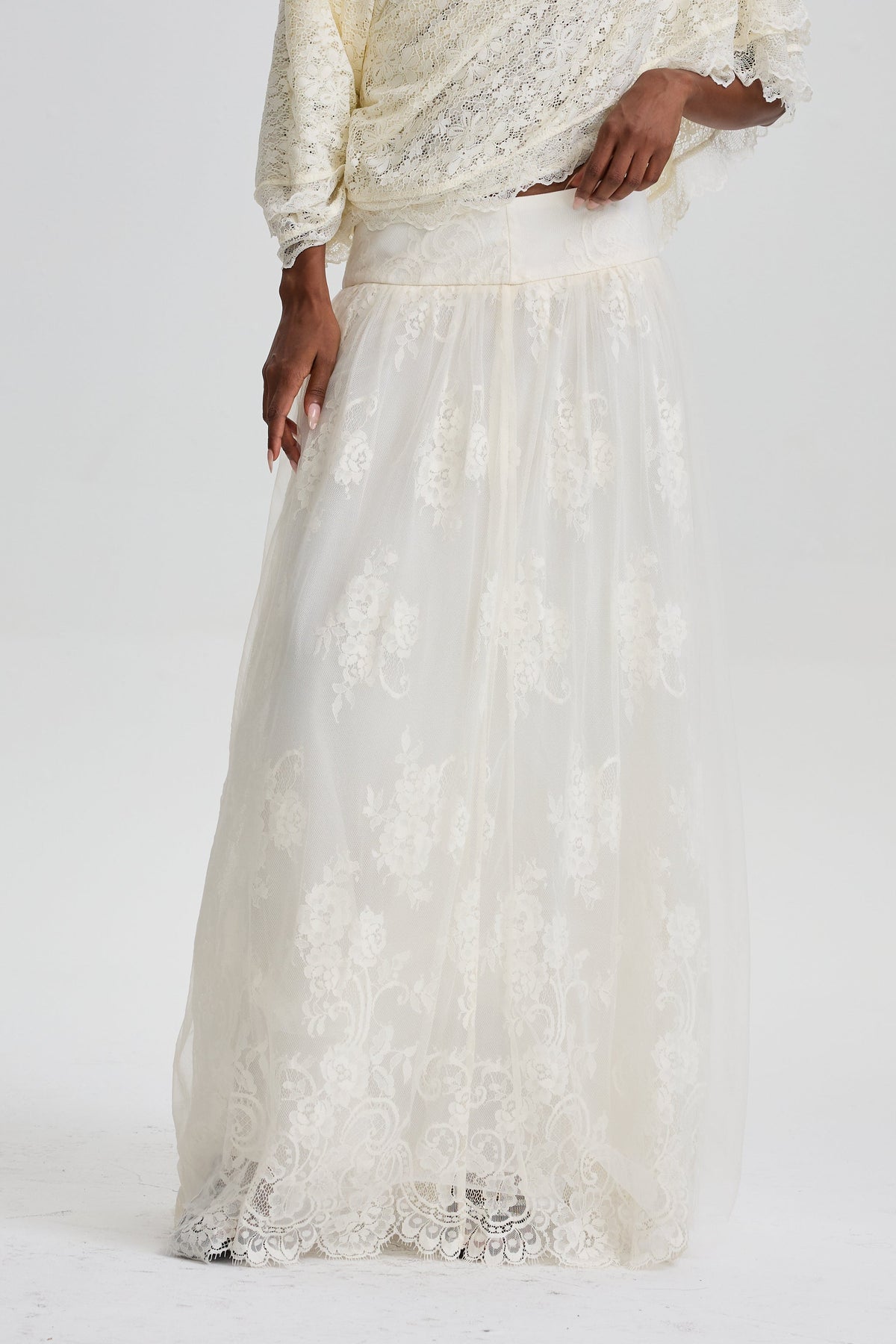 Odelia High‑Waist Floral Lace Overlay Maxi Skirt