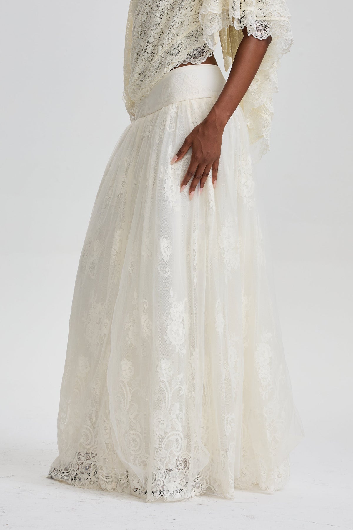 Odelia High‑Waist Floral Lace Overlay Maxi Skirt