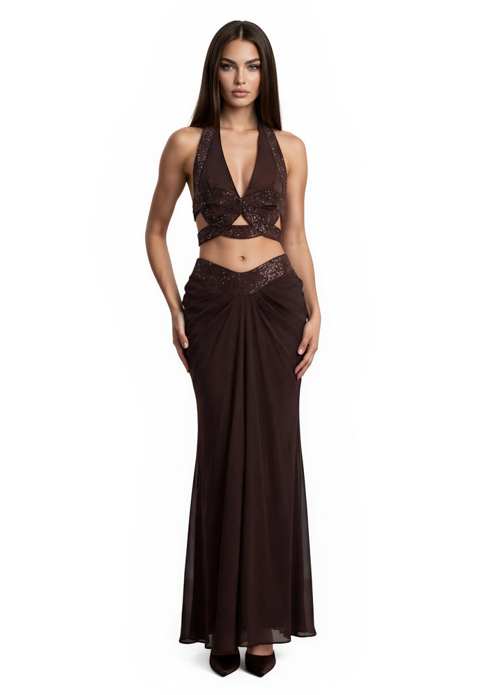 Minerva Halter Neck Draped Skirt Set