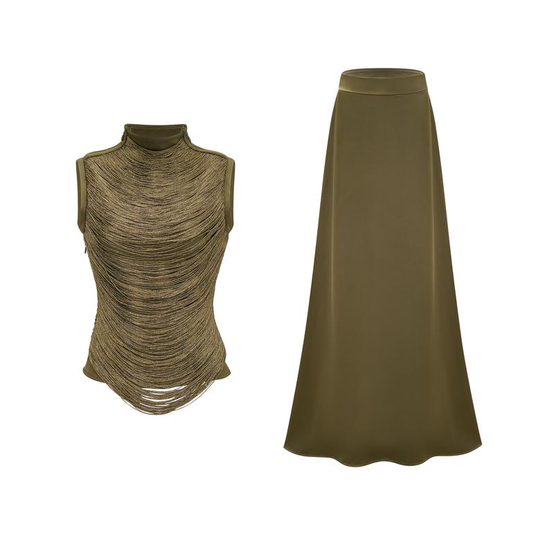 Quitterie Green Fringed Top & Satin Skirt Set