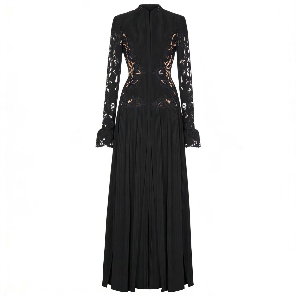 Saffron Black Lace Panel Pleated Midi Dress