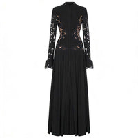 Saffron Black Lace Panel Pleated Midi Dress