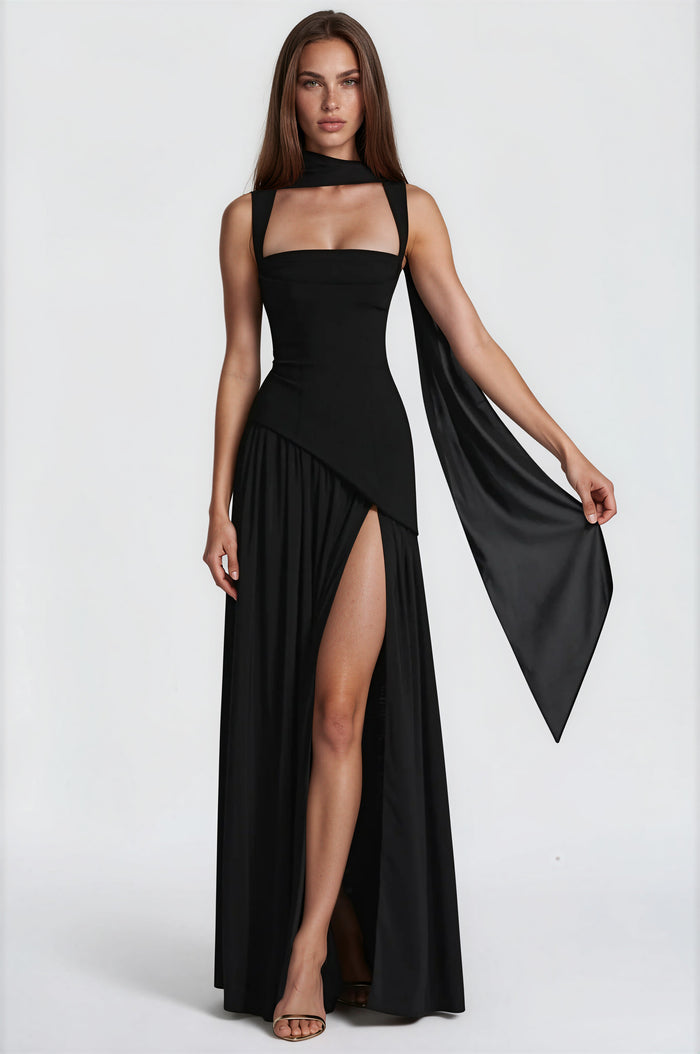Milovic Black Asymmetrical Maxi Gown