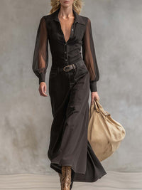 Pavemen Western Front Button V-Neck Transparent Denim Maxi Dress