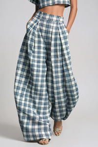 Samifed Plaid Crop Baggy Pants Set