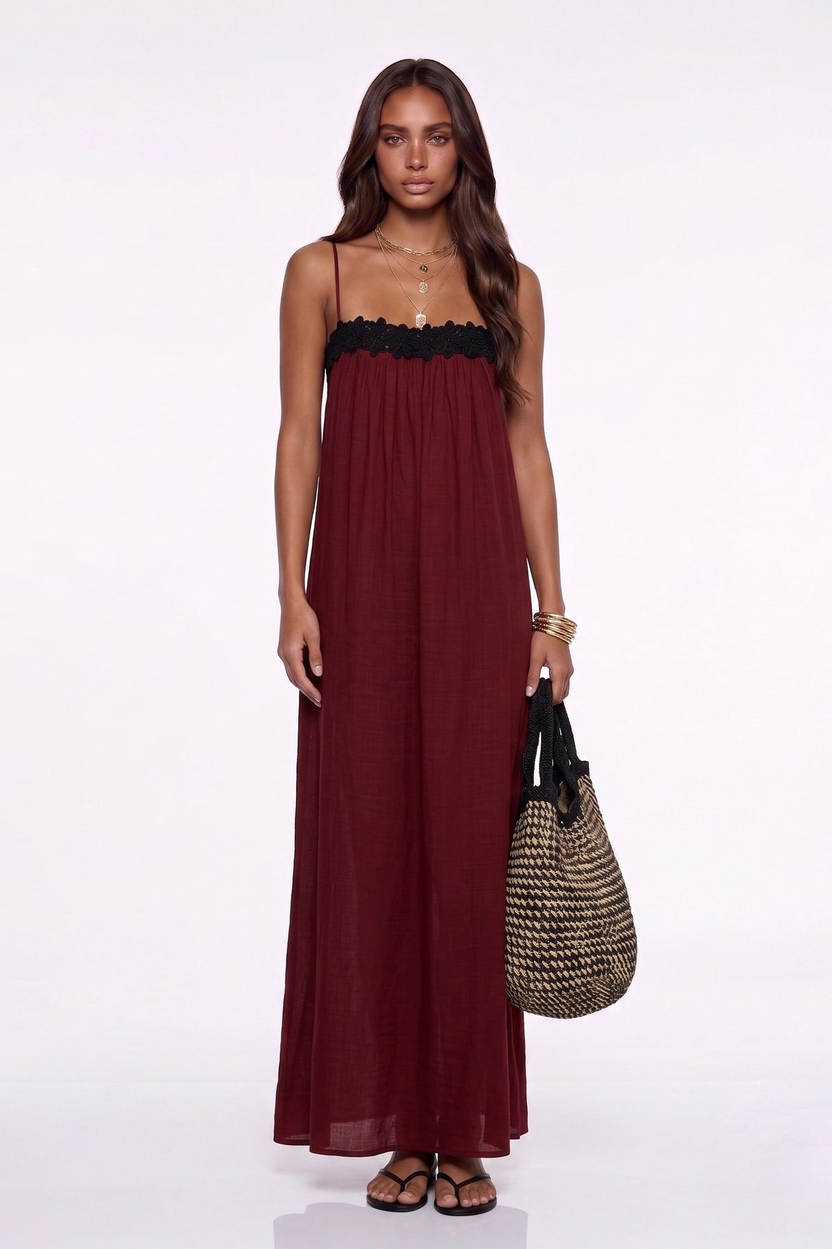 Dumuzi Lace Trim Spaghetti Strap Maxi Dress