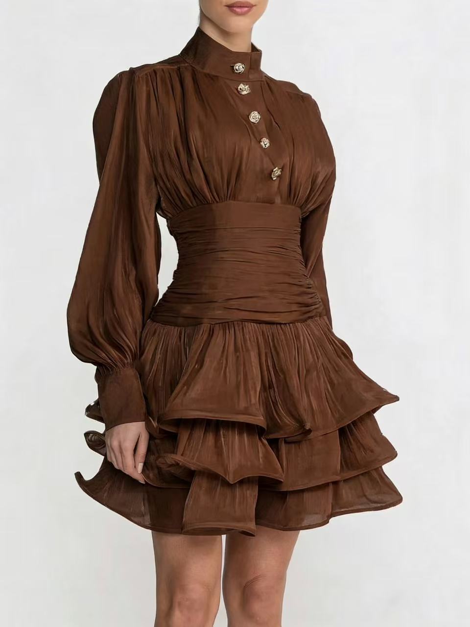Cyrielle Long Sleeve Mini Dress With Tiered Ruffle Skirt - Champagne