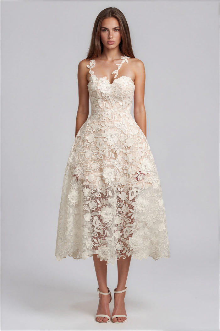 Nathalie White Lace Illusion Midi Dress