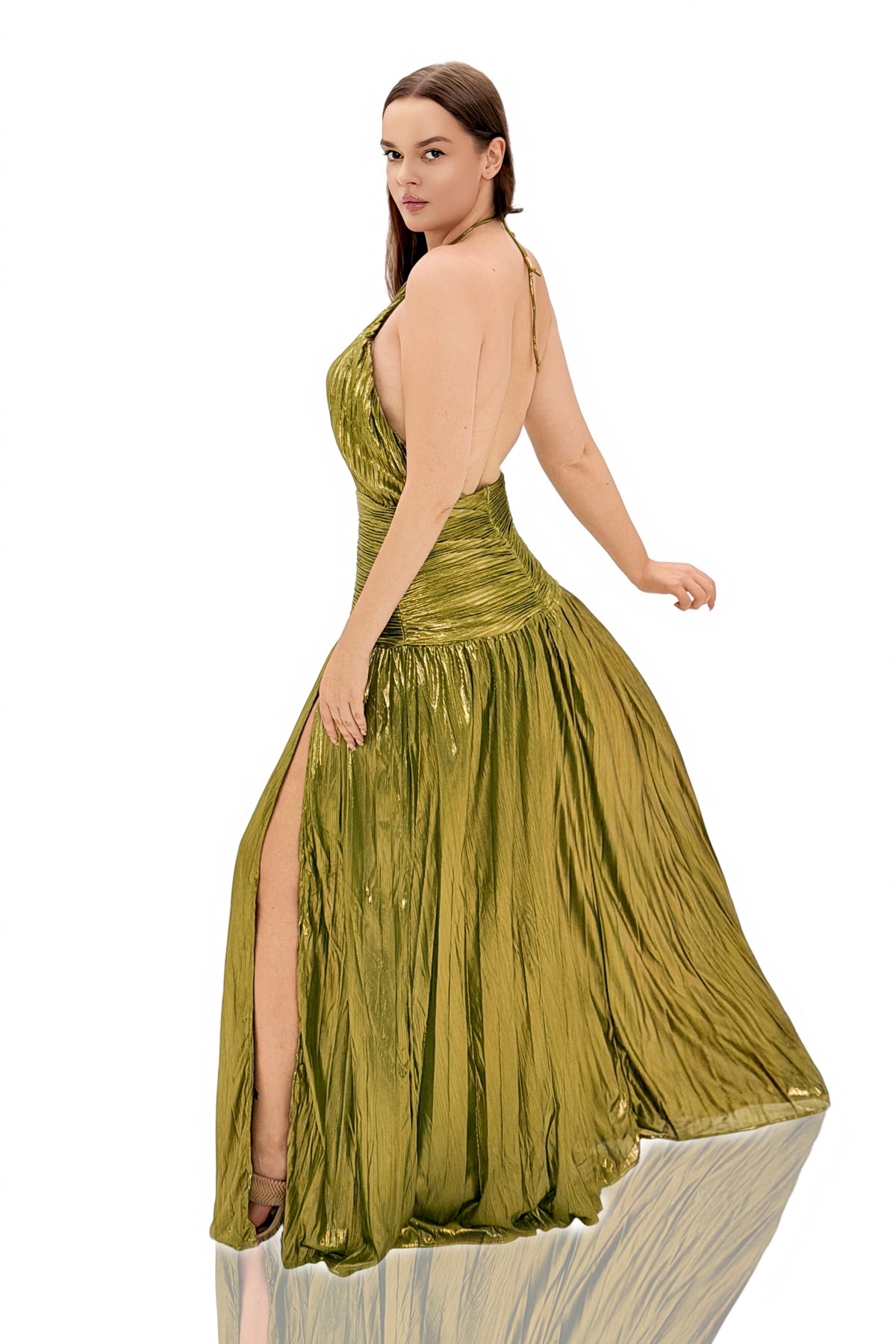 Asemilo Halterneck Split Pleated Metallic Maxi Dress