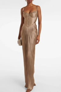 Nisickes Gold Glossy Pleated Corset Maxi Dress