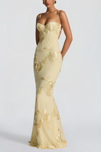 Bernice Yellow Floral Appliqué Corset Maxi Dress