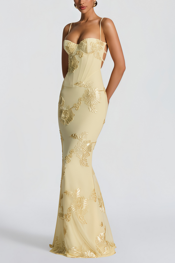 Bernice Yellow Floral Appliqué Corset Maxi Dress