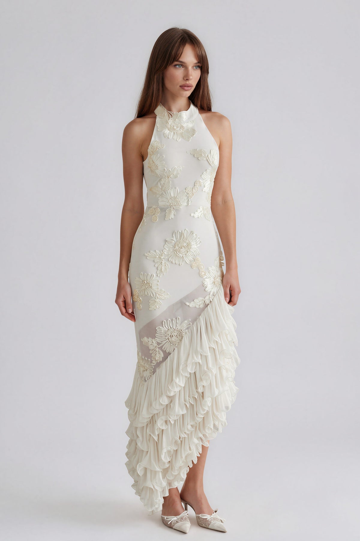 Thesxos Neutral Asymmetrical Ruffled Floral Midi Dress