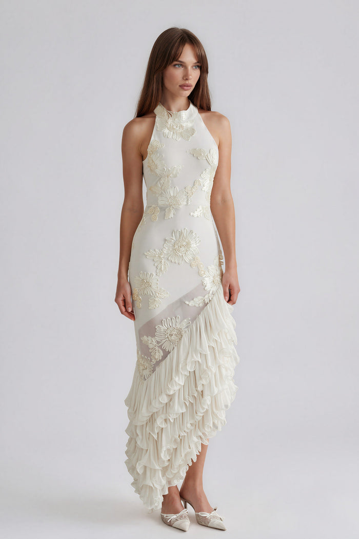 Thesxos Neutral Asymmetrical Ruffled Floral Midi Dress
