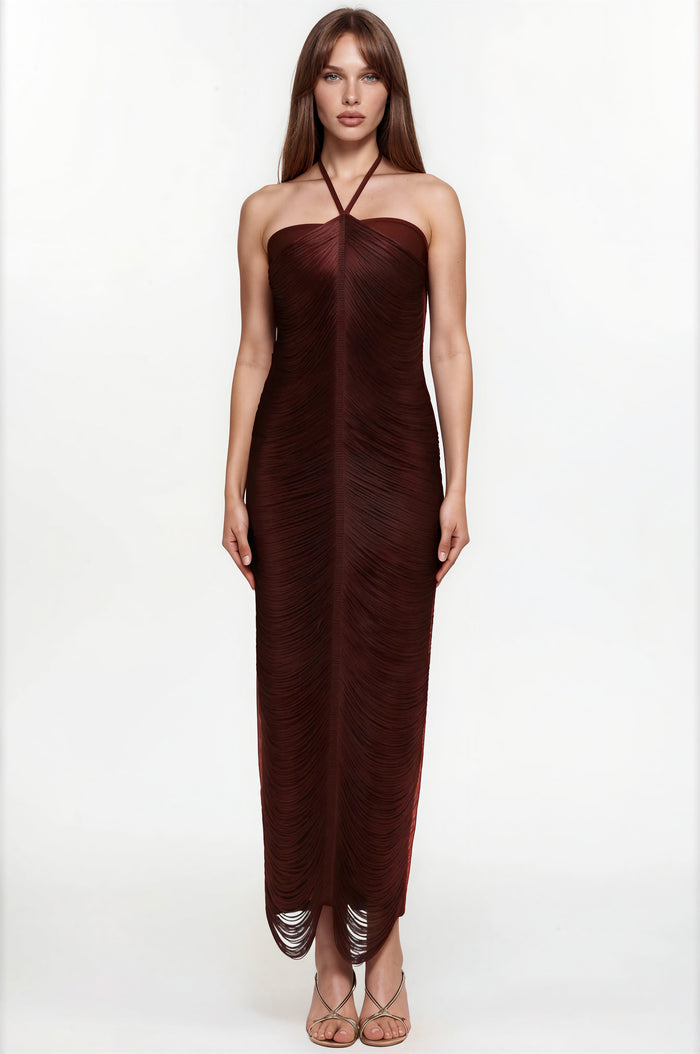 Ohara Halterneck Fringe Maxi Dress In Coffee