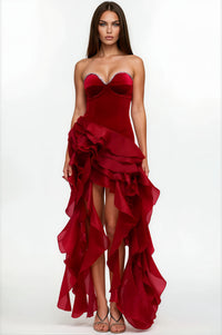 Meagan Red Strapless Ruffled Maxi Dress