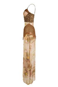 Buleycosmo Splicing Lace Split Leopard Print Maxi Dress