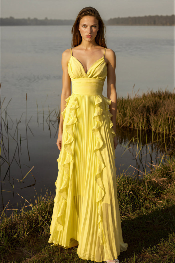 Eline Yellow Crinkled Ruffled Maxi Dress