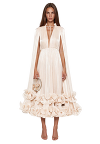 Gelsomina Neutral Cape Pleated Midi Dress
