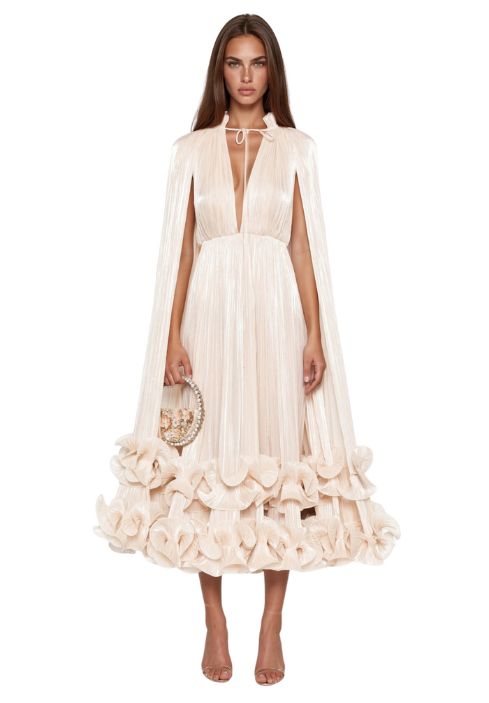 Gelsomina Neutral Cape Pleated Midi Dress