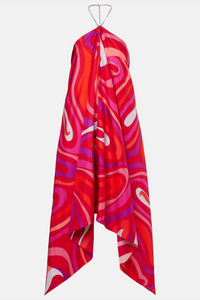 Ngawai Swirl Print Halter Neck Asymmetric Midi Dress