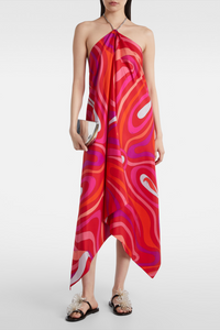 Ngawai Swirl Print Halter Neck Asymmetric Midi Dress