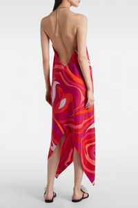 Ngawai Swirl Print Halter Neck Asymmetric Midi Dress
