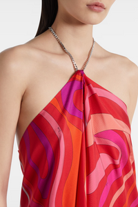 Ngawai Swirl Print Halter Neck Asymmetric Midi Dress