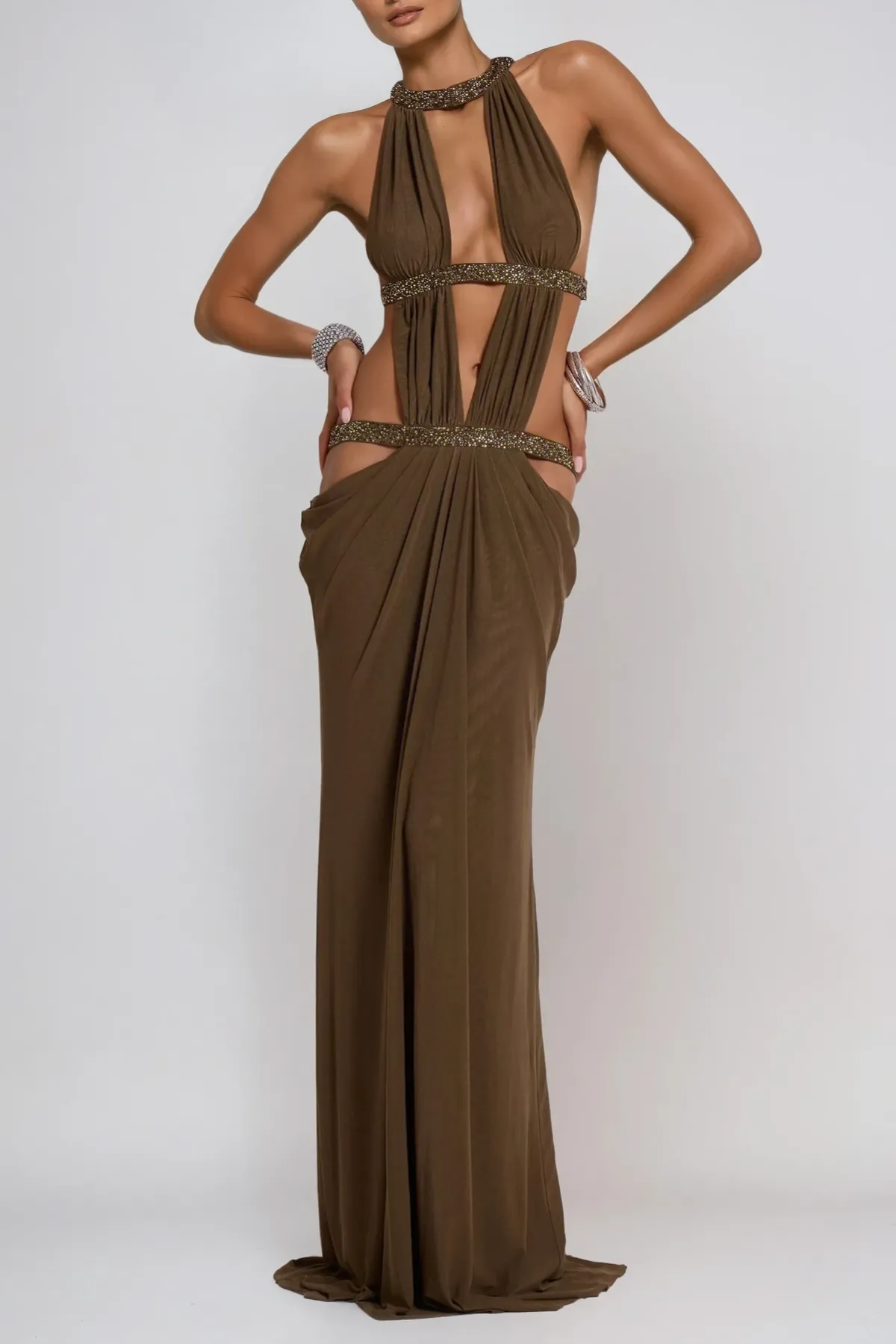 Invidia Plunge Backless Cutout Maxi Dress In Turquoise