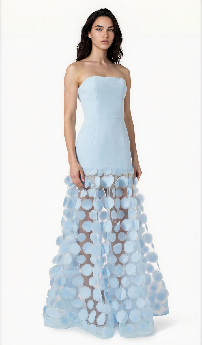 Fizzay Strapless Dot Mesh Maxi Dress In Blue