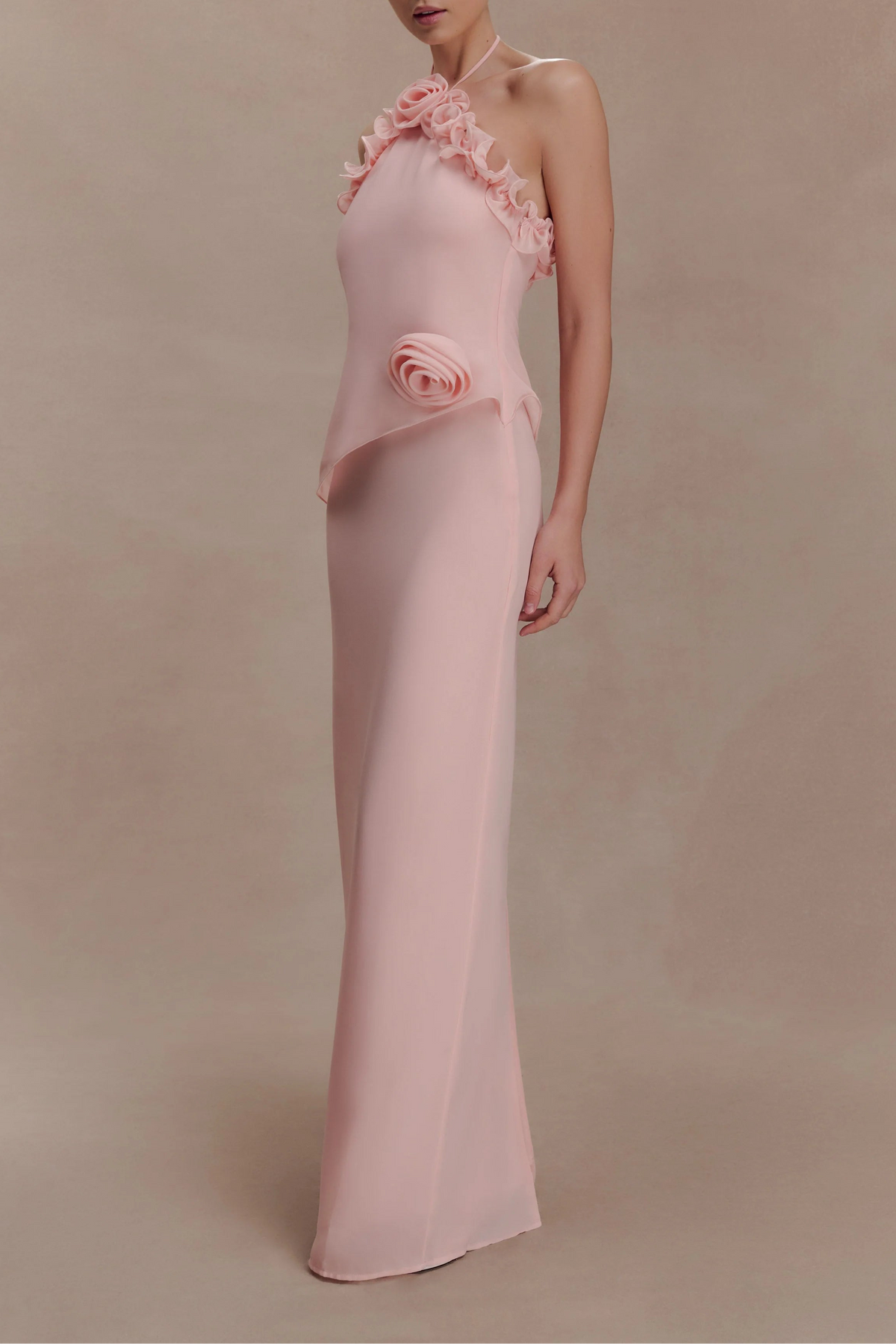 Almego 3D Rose Halter Chiffon Flower Maxi Dress