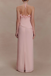 Almego 3D Rose Halter Chiffon Flower Maxi Dress