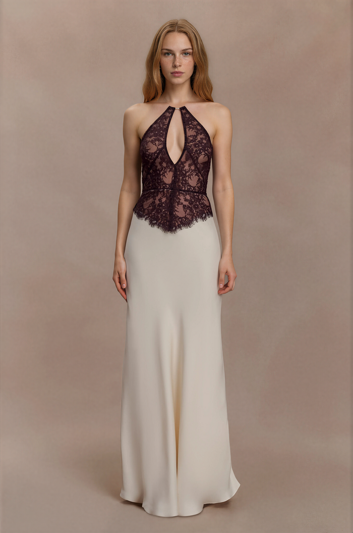 Bartholomaios Lace And Satin Halter Maxi Dress - Ivory/Chocolate