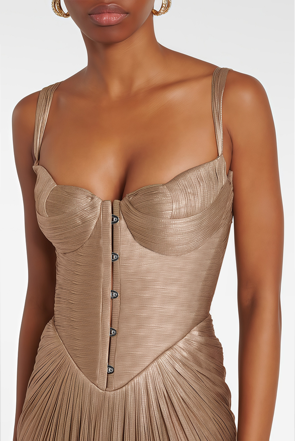 Nisickes Gold Glossy Pleated Corset Maxi Dress
