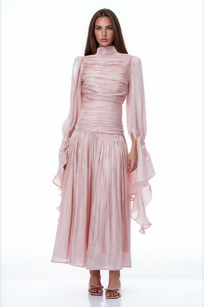 Anralzum Pink Glossy Ruched Maxi Dress