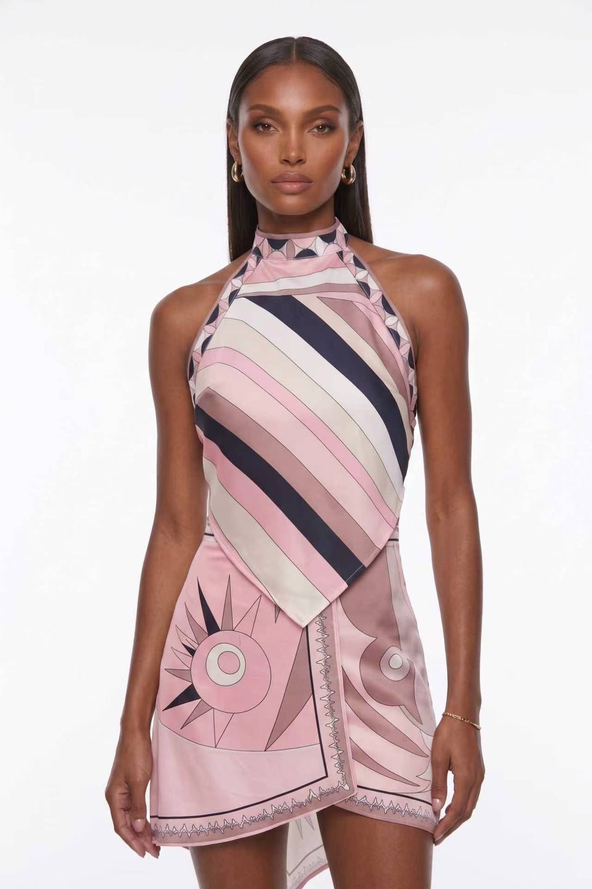 Sesleo Cartoon Print Halter Two Piece Outfit Irregular Skirt Set