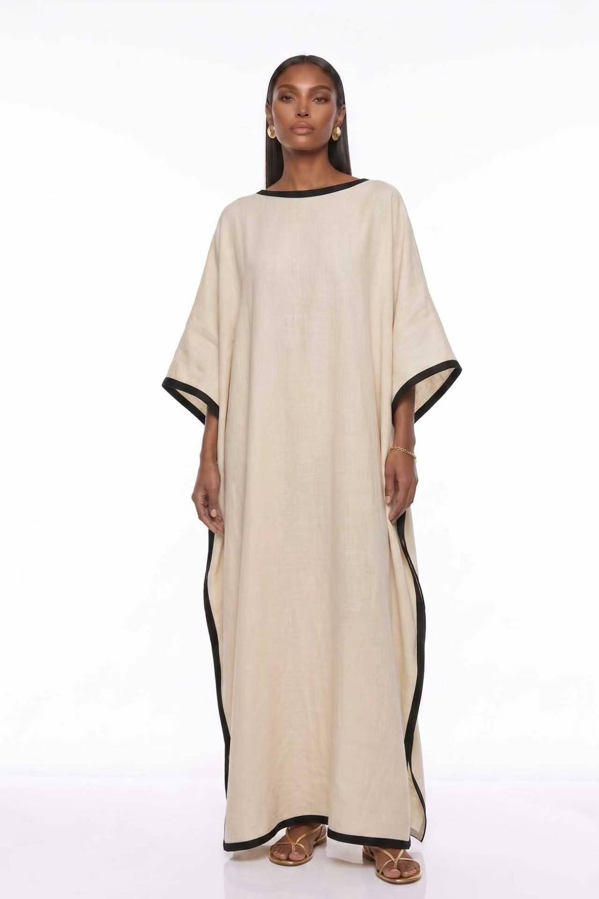 Falaphy Contrast Trim Batwing Loose Maxi Kaftan Dress