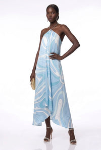 Jacinthe Marble Swirl Chain Halter Asymmetric Maxi Dress