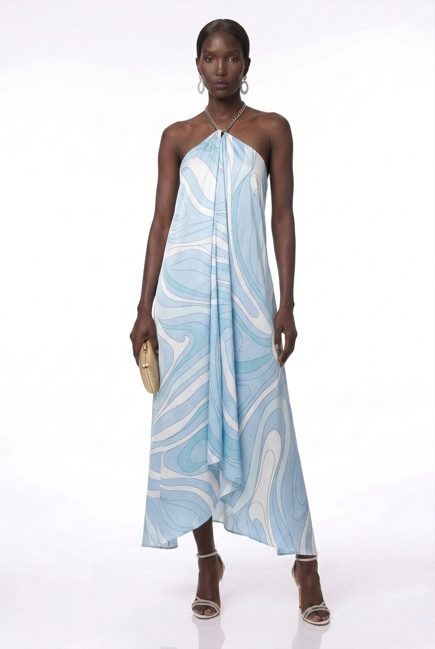 Jacinthe Marble Swirl Chain Halter Asymmetric Maxi Dress