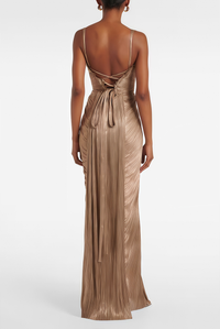 Nisickes Gold Glossy Pleated Corset Maxi Dress