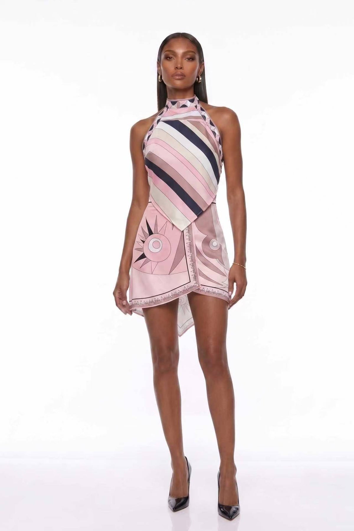 Sesleo Cartoon Print Halter Two Piece Outfit Irregular Skirt Set