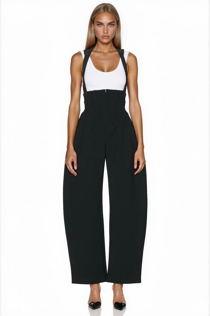 Foka Black Boned Bodice Wide Leg Overalls